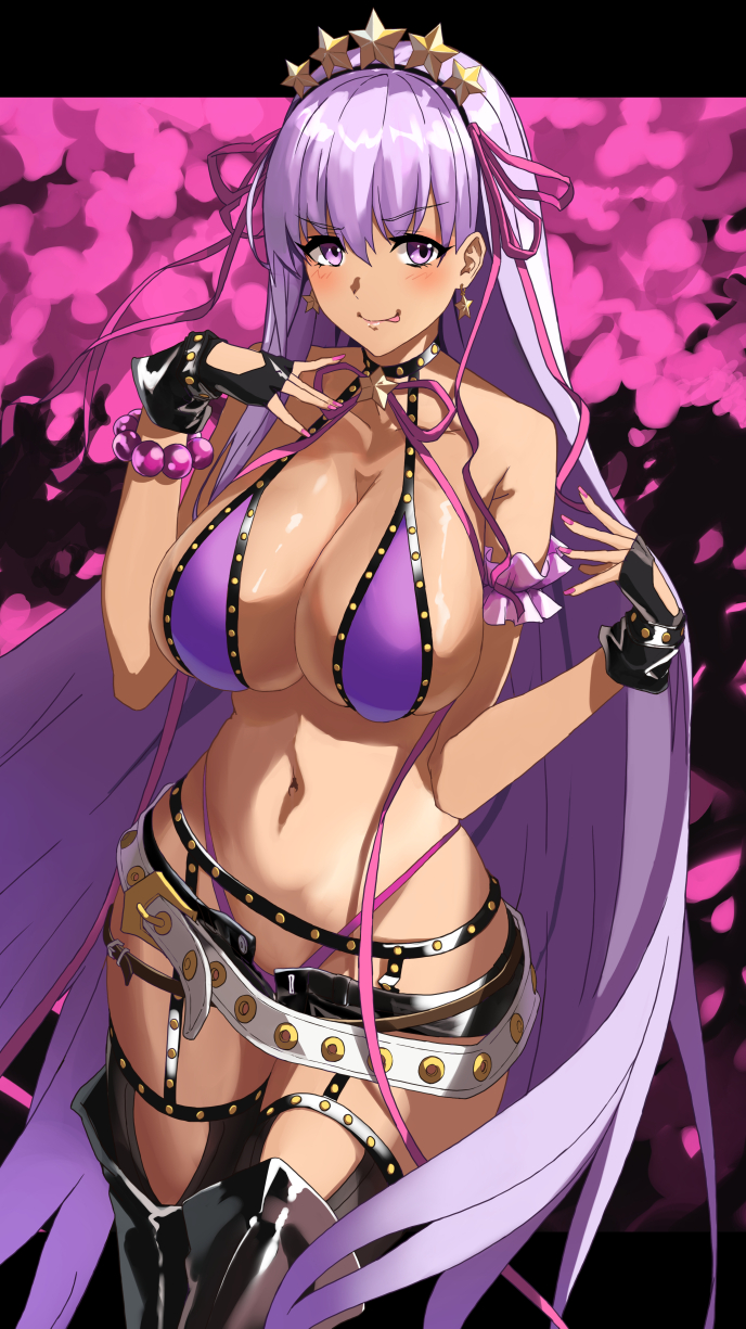 :p bare_shoulders bb_(fate) bb_(swimsuit_mooncancer)_(fate) bb_(swimsuit_mooncancer)_(second_ascension)_(fate) belt bikini black_gloves black_thighhighs blush breasts cleavage collarbone earrings fate/grand_order fate_(series) female gloves hair_ribbon hairband highres jewelry large_breasts long_hair looking_at_viewer micro_shorts navel purple_bikini purple_eyes purple_hair ribbon shorts smile solo star_(symbol) star_earrings swimsuit tan thighhighs tongue tongue_out very_long_hair white_belt yashiro_(silver_will)