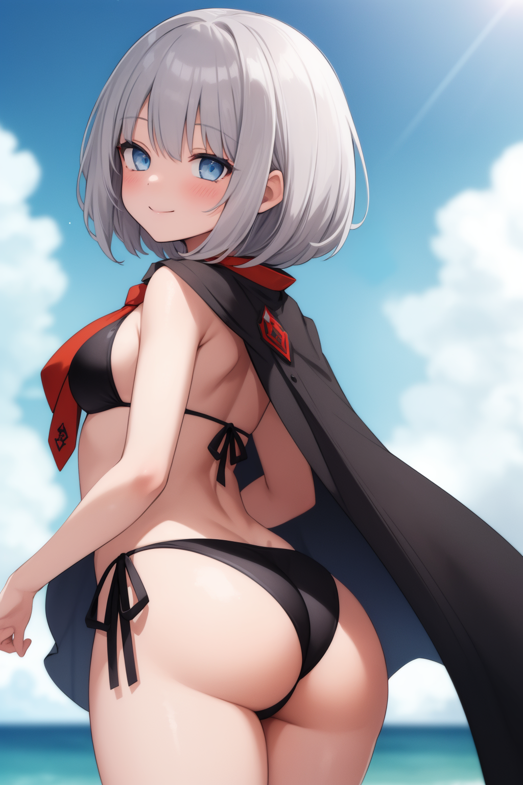 ai_generated alternate_costume ass bare_shoulders big_ass big_butt bikini blue_eyes blush breasts bubble_butt cape dimples_of_venus female from_behind goddess_of_victory:_nikke huge_ass looking_at_viewer medium_breasts shiny shiny_hair shiny_skin short_hair sideboob silver_hair smile solo swimsuit thong thong_bikini vesti_(nikke)