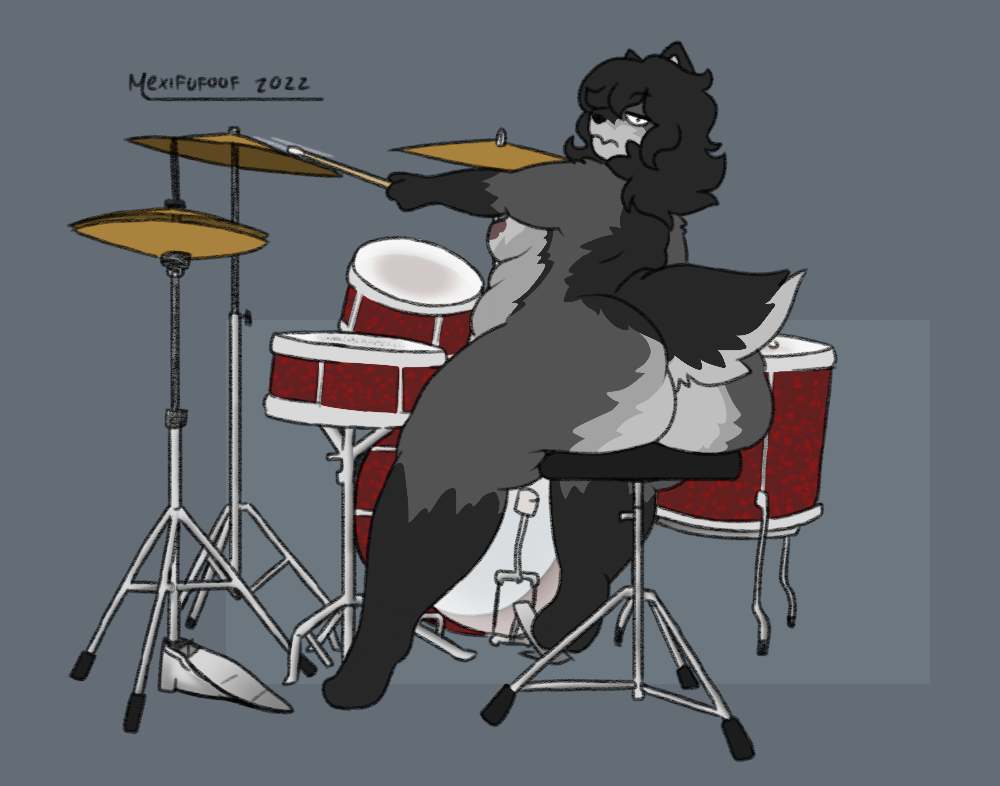 2022 anthro ass belly biped breasts canid canine canis casual chubby_belly chubby_female curvy_figure digital_drawing_(artwork) digital_media_(artwork) drum drum_set drumming drumsticks female fur hair looking_at_viewer mammal martha_(mexifurfoof) mexifurfoof musical_instrument nipples nude overweight percussion_instrument percussion_mallet rear_view simple_background small_breasts solo tail thick_thighs voluptuous wide_hips wolf