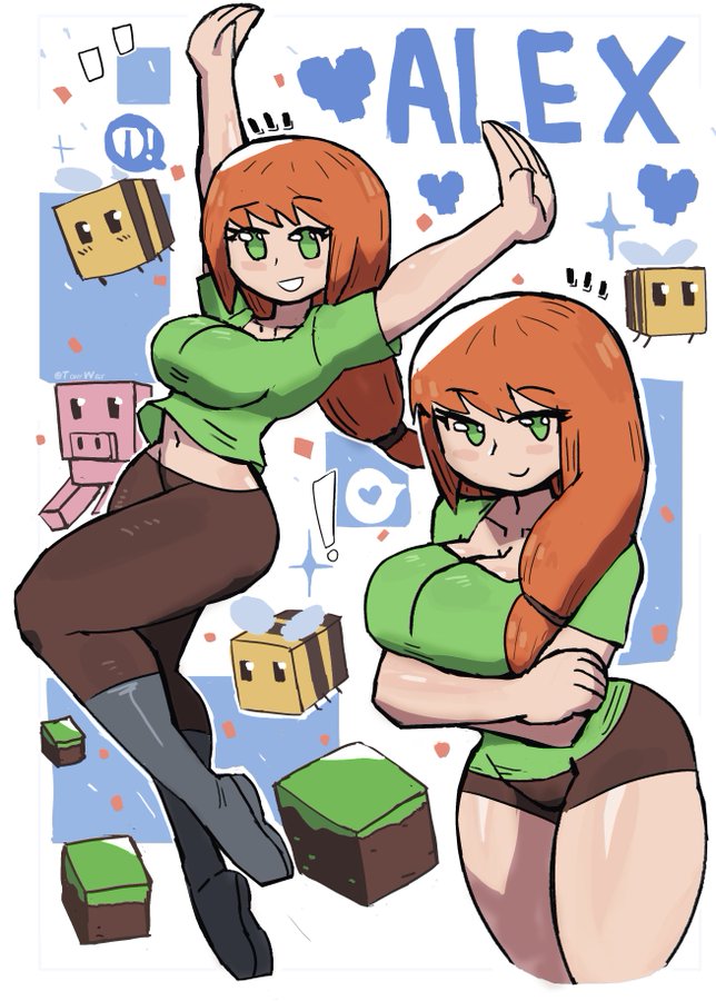 1girls alex_(minecraft) big_breasts cleavage cute_female eyebrows eyebrows_visible_through_hair female female_only green_eyes large_breasts light-skinned_female light_skin looking_at_viewer minecraft orange_hair ponytail solo solo_female solo_focus thick_thighs thighs tony_welt wide_hips