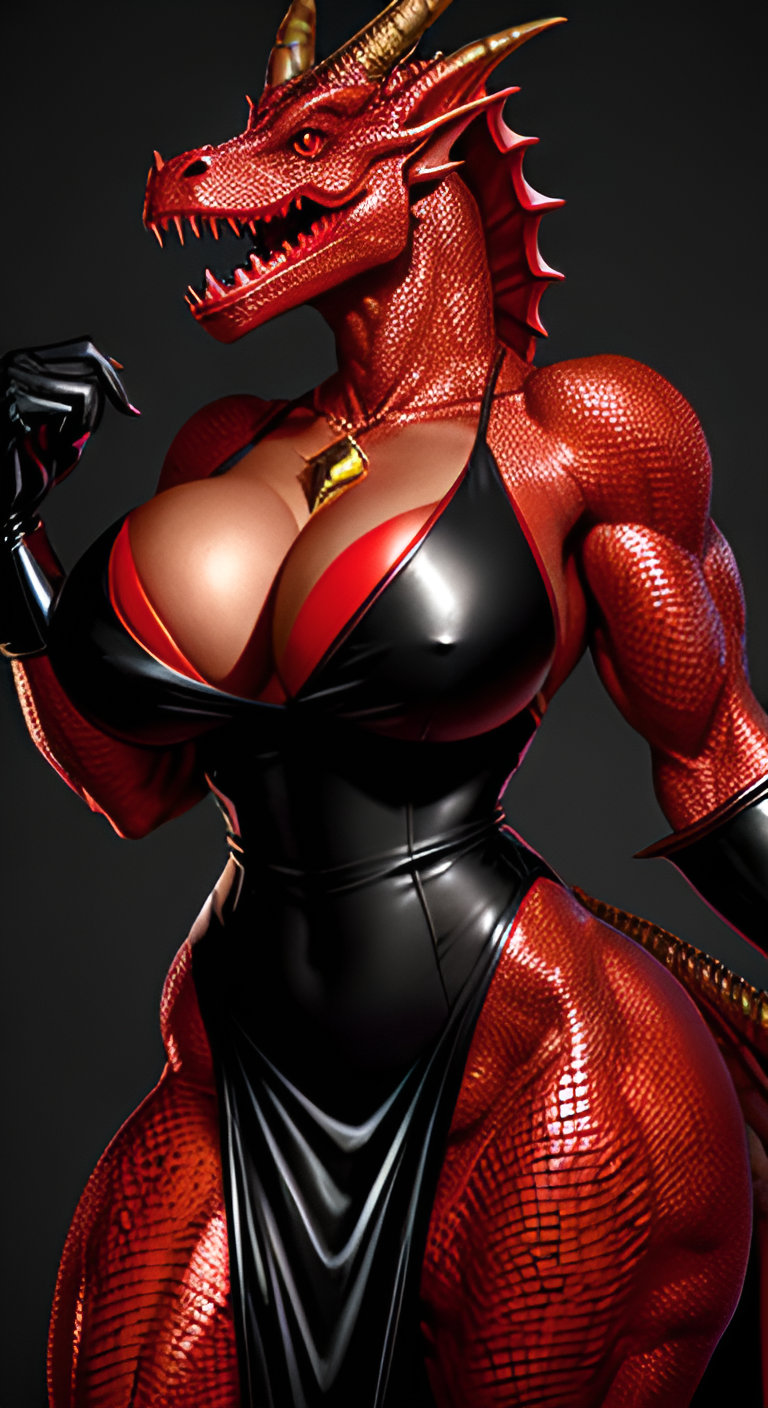 1girls 2023 ai_generated anthro big_breasts black_dress breasts cleavage dragon female female_only gloves horned_female horned_humanoid horns medallion muscular muscular_anthro muscular_female muscular_thighs red_body red_eyes revealing_clothes scales scalie scalieton self_upload shiny_skin stable_diffusion thick_thighs tight_clothing wingless_dragon