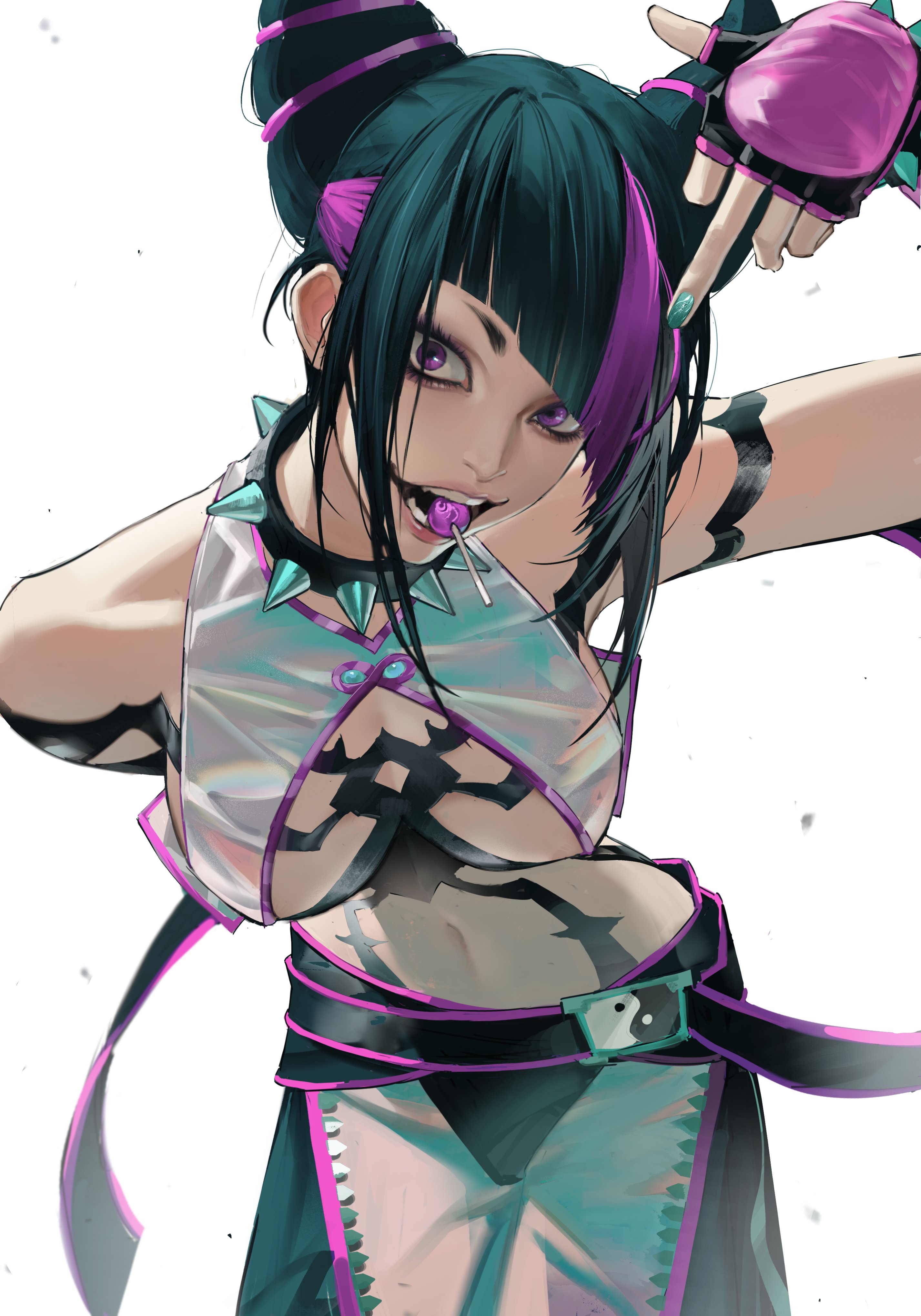 1girls, 2023, black hair, breasts, capcom, dyed hair, female, female only, inner sideboob, juri han, lollipop, looking at viewer, painted nails, pink eyes, plain background, solo, spiked collar, street fighter, street fighter 6, white background, yin yang, ymy kui (artist)