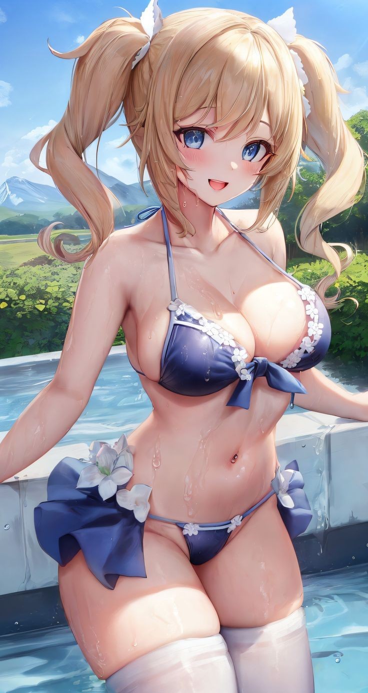 1girls, ai generated, barbara (genshin impact), bikini, female, flower, genshin impact, water