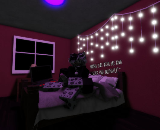 3d artist_request bedroom collar dialogue english_text furry led_light masturbation roblox robloxian snow_leopard source_request tagme text