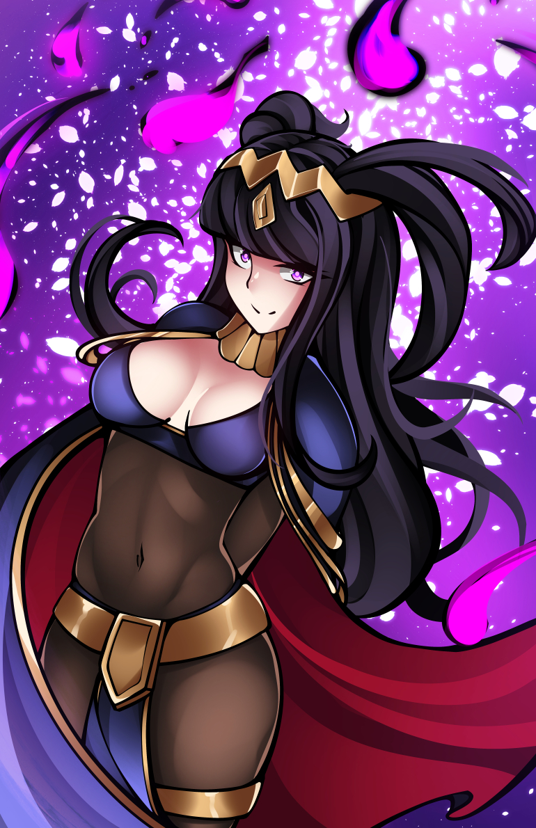 1girls bangs black_hair bodystocking breasts cape female female_only fire_emblem fire_emblem_awakening long_hair looking_at_viewer medium_breasts nintendo pink_eyes reeceyd3 smile solo tharja_(fire_emblem) very_long_hair