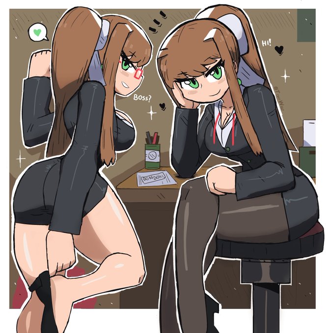 1girls ass big_ass big_breasts big_butt brown_hair business_suit butt doki_doki_literature_club female female_only green_eyes hourglass_figure light-skinned_female light_skin looking_at_viewer monika_(doki_doki_literature_club) office_lady ponytail solo solo_female solo_focus thick_thighs thighs tony_welt