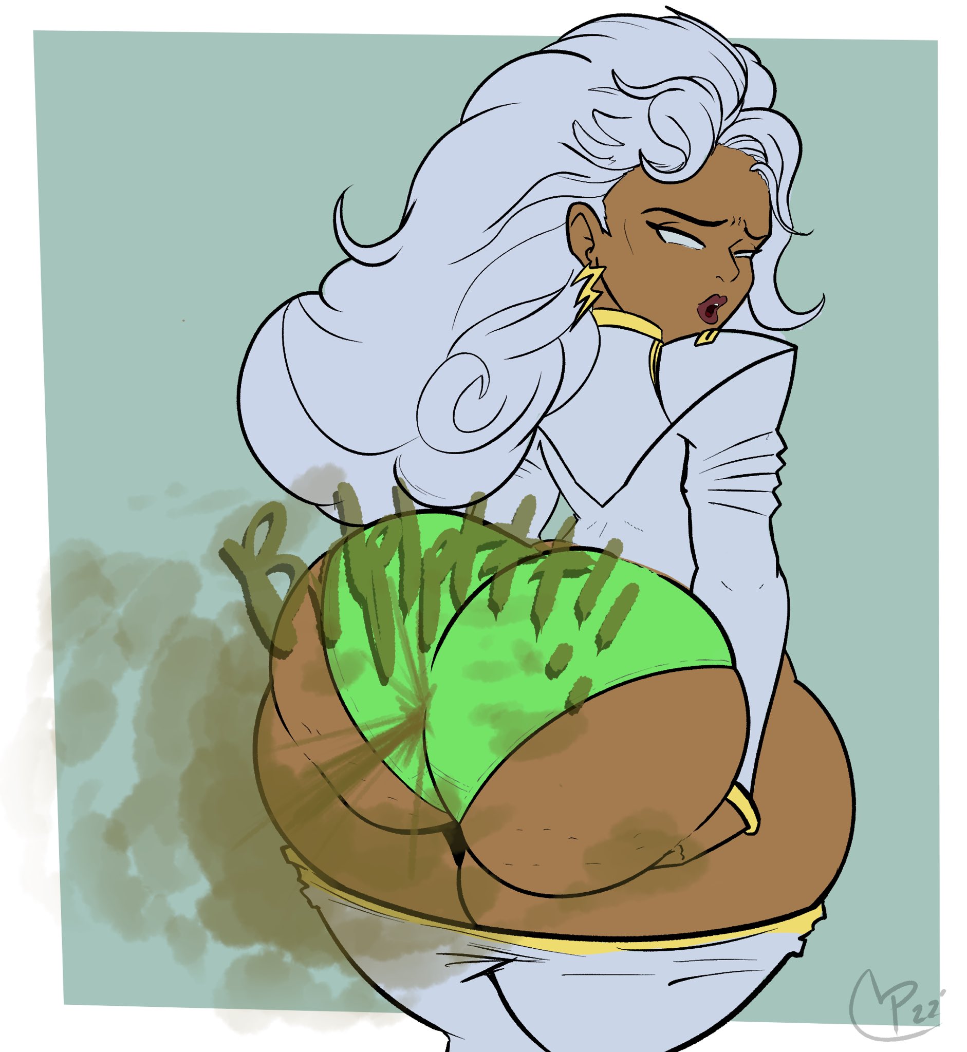 1girls, african, african female, ass, back view, big ass, cellulite, dark skin, dark-skinned female, fart, fart cloud, fart fetish, farting, female, green panties, hands on ass, lewdpunch, marvel, marvel comics, ororo munroe, panties, storm (x-men), thick thighs, white hair, wide hips, x-men