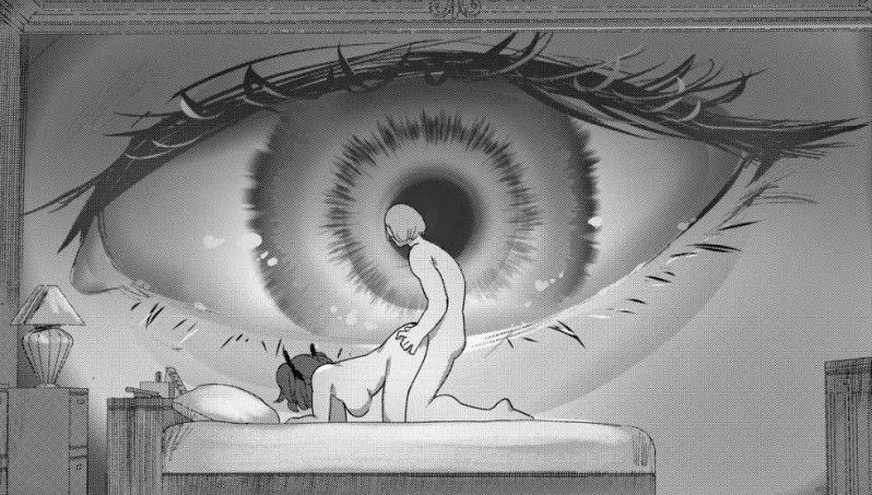 1_eye 1boy 2girls black_and_white doggy_style giantess indoors larger_female looking_in_window original peeping sex side_view size_difference smaller_female smaller_male tagme uru window