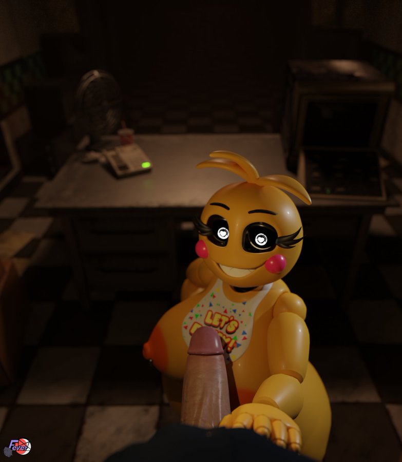 1boy, 1girls, 3d, animatronic, areolae, bib, big breasts, big penis, blush, breasts, eyebrows, eyelashes, female, feversfm, five nights at freddy's, five nights at freddy's 2, glowing eyes, heart-shaped pupils, joints, large breasts, male, nipple piercing, nipples, orange nipples, penis, piercing, sharp teeth, straight, toy chica (fnaf), toy chica (love taste), white eyes, wide hips, yellow body, yellow hair, yellow skin