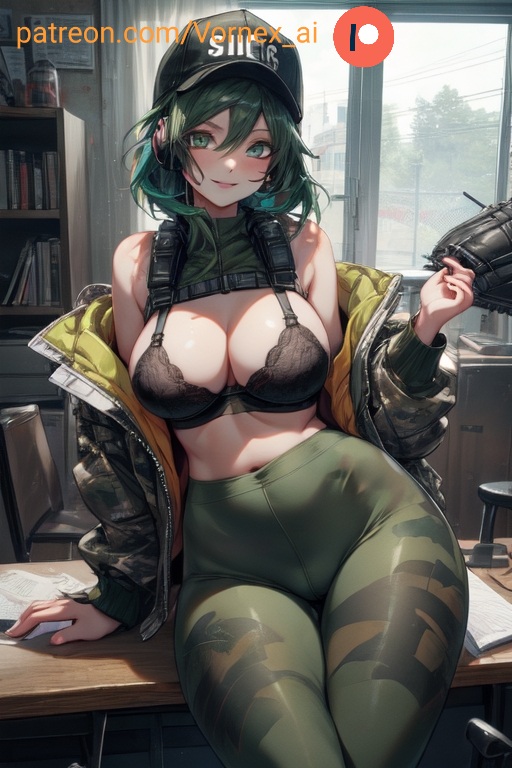 1girls, ai generated, big breasts, breasts, curvy, curvy female, curvy figure, ela (rainbow six), female, green hair, hat, holster, leggings, looking at viewer, open clothes, rainbow six, rainbow six siege, seductive, short hair, sitting, smile, smiling, thick thighs, thighs, vornex ai
