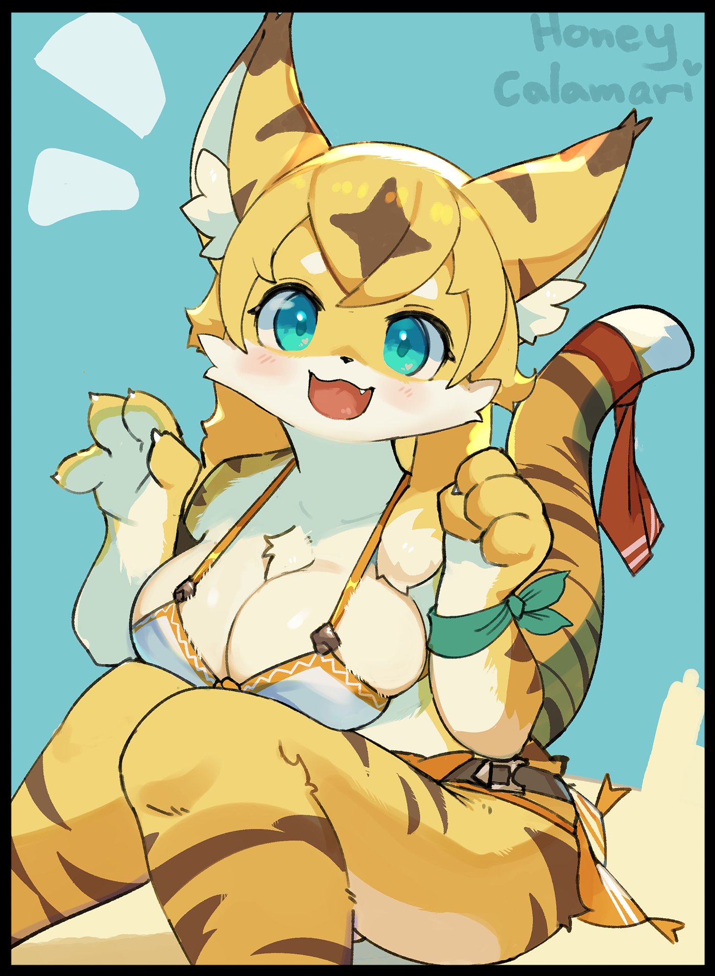 1girls, 2023, big breasts, blush, blush lines, breasts, brown fur, brown hair, cute fang, cyan eyes, cygames, feline, female, female only, furry, furry only, honeycalamari, huge breasts, inner ear fluff, long tail, looking at viewer, mia (world flipper), open clothes, signature, simple background, striped body, striped fur, tail, tiger, tiger ears, tiger girl, tiger tail, tongue, white fur, world flipper, yellow body, yellow fur, yellow hair, yiff