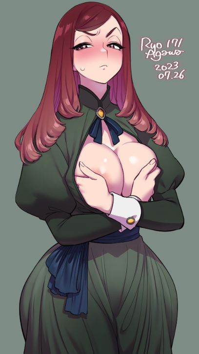 areolae blush breast_hold breasts cleavage dress hand_bra large_breasts long_hair original red_hair revealing_breasts ryo_agawa wide_hips