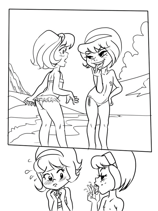 beach biesiuss bikini comic condorito_(series) freckles hairband licking monochrome ocean pepo_(copyright) short_hair side-tie_bikini susanita tongue topless young younger_female yuri yuyito