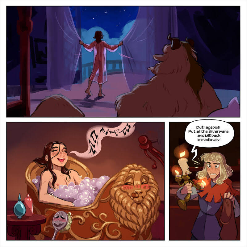 5boys ass aurora_(sleeping_beauty) bath bathing beast beast_(disney) beauty_and_the_beast_(1991_film) belle_(beauty_and_the_beast) black_hair blonde_hair blush brown_fur brown_hair bubble_bath bubbles comic comic_page crossover curly_hair dialogue disney disney_princess fairybend femboy gay genderswap_(ftm) human_on_anthro light-skinned_male living_object long_hair lumiere_(disney) night night_sky nightgown nude nude_male pale-skinned_male princess ripushko royalty rule_63 sentient_object singing sleeping_beauty_(1959_film) snow_white_(disney) snow_white_and_the_seven_dwarfs_(1937_film) stars stealing webcomic wet_hair yaoi