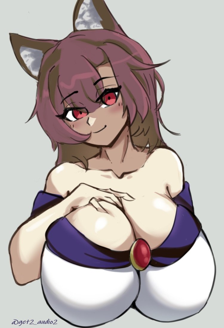 1girls big_breasts brown_hair cleavage clothed_female get2_audio2 grey_background huge_breasts imaizumi_kagerou kagerou_imaizumi light-skinned_female red_eyes smile touhou watermark wolf_ears wolf_girl