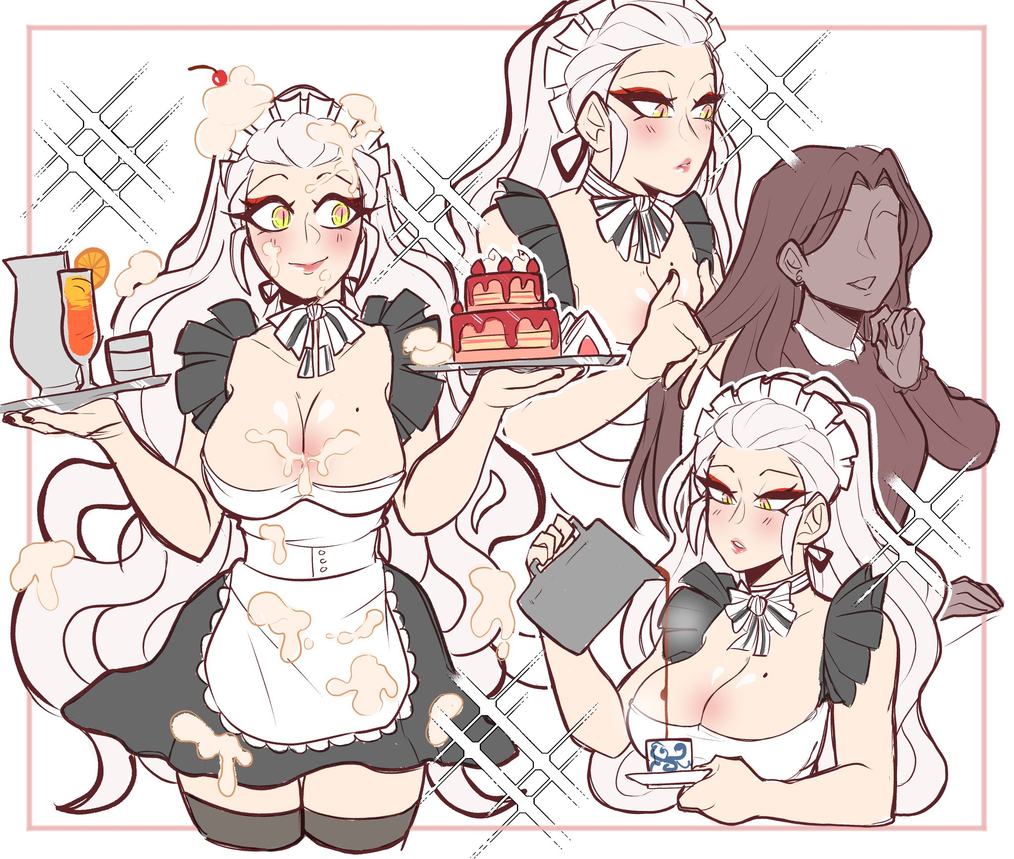 bbeetleko, big breasts, breasts, daki (kimetsu no yaiba), demon slayer, female, female only, kimetsu no yaiba, maid, maid uniform, white hair, yellow eyes