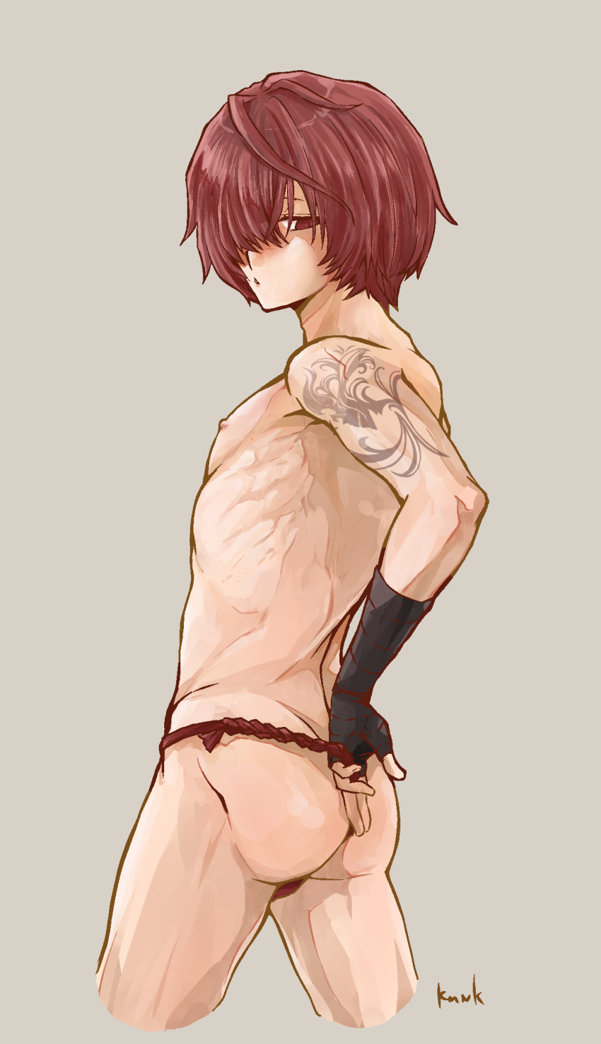 1boy arm_tattoo ass bandage_gloves bandaged_hands bandages black_bandages fate/grand_order fate_(series) femboy fundoshi fundoshi_only fundoshi_pull fuuma_kotarou_(fate) hair_over_one_eye half-closed_eye highres kamenakake kamenakaoji looking_back male male_focus male_only mostly_nude mostly_nude_male muscular muscular_femboy nipples parted_bangs red_eyes red_fundoshi red_hair short_hair shoulder_tattoo simple_background solo solo_focus solo_male tattoo trap yaoi