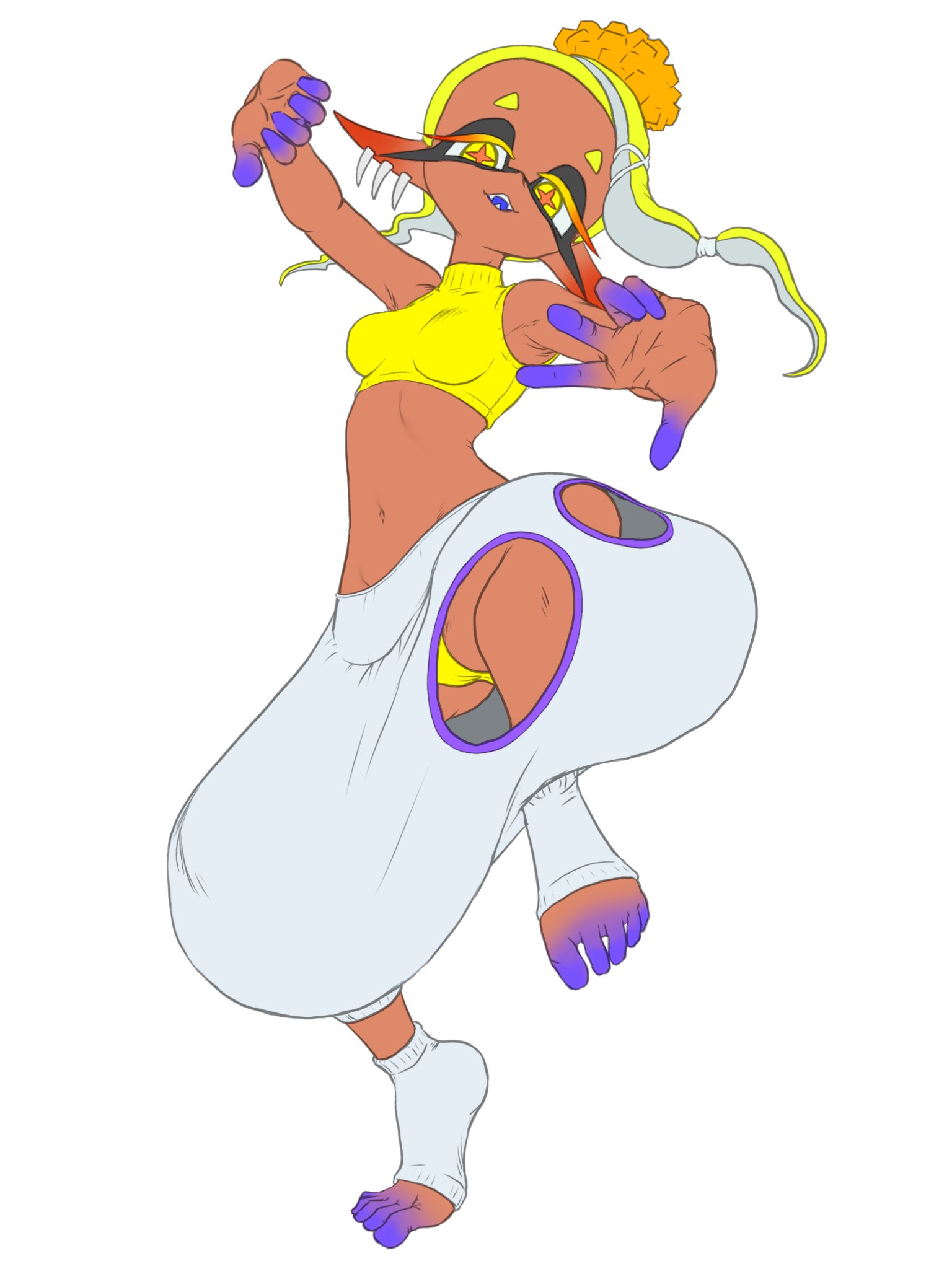 color, deep cut (splatoon), female, frye (splatoon), fully clothed, hole in pants, koharuno2, panties, splatoon, splatoon (series), splatoon 3, tentacle, tentacle hair, yellow hair, yellow panties