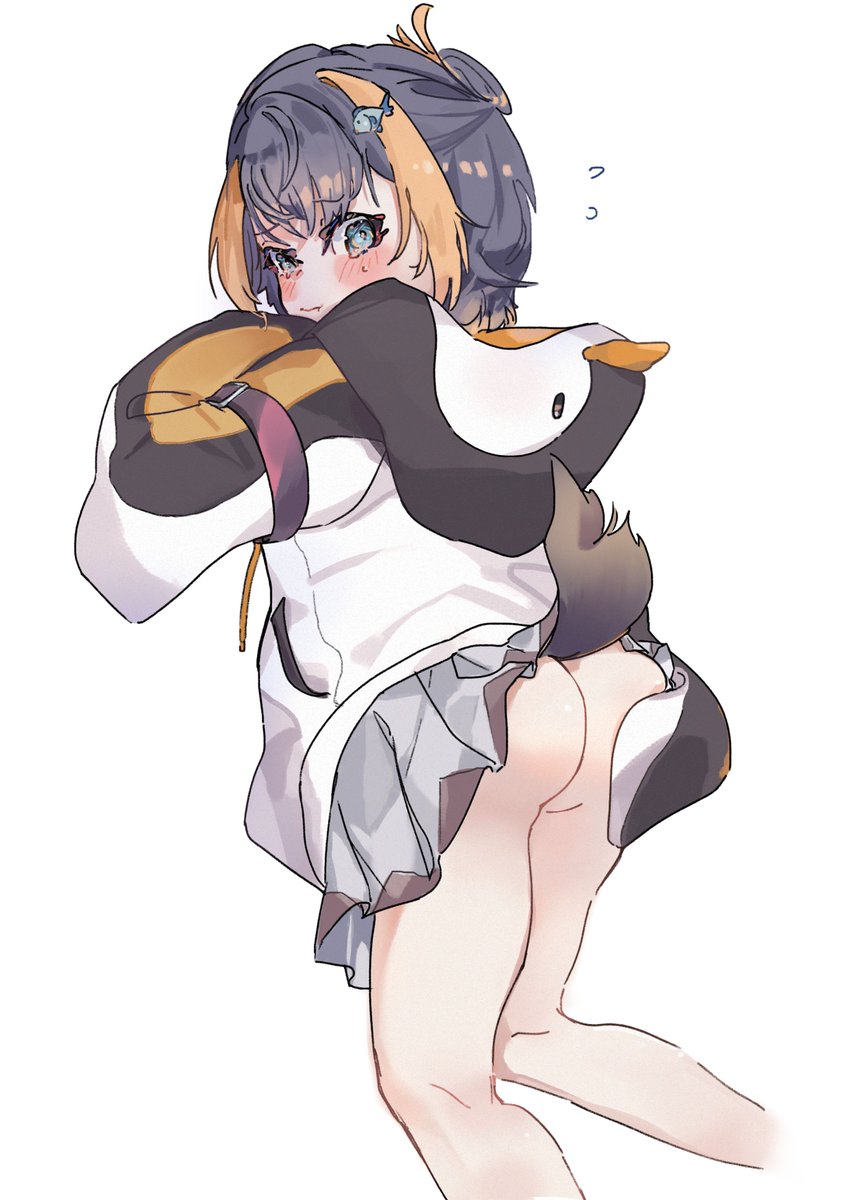 1girls ass ass_grab bare_ass bare_butt bare_legs black_hair blue_eyes blush bottomless butt butt_crack butt_grab exposed_ass grabbing_own_ass hairclip ihavesnaxc looking_back nijisanji nijisanji_en no_panties nopan penguin_girl penguin_tail petra_gurin skirt solo solo_female solo_focus tail two_tone_hair upskirt virtual_youtuber yellow_hair