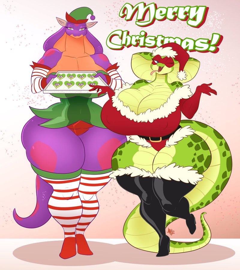 2girls breasts buckle character_request christmas_clothing cleavage cookies elf_outfit female female_focus female_only green_skin hosemistress huge_breasts jaeh keeshee multiple_girls original original_character original_characters santa_claus_(cosplay) santa_costume santa_hat scales snake_girl stockings thick_thighs thighs wide_hips