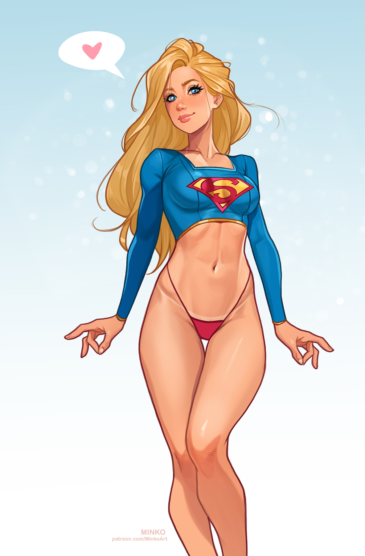 2d, 2d (artwork), ass, bare midriff, big ass, big breasts, blonde hair, blouse, blue eyes, breasts, cute, dc, dc comics, female, female only, g-string, happy, highleg thong, kara danvers, kara zor-el, legs, long hair, loose hair, midriff, midriff baring shirt, minko, muscular, muscular legs, olena minko, revealing clothes, seductive, see-through, see-through clothing, sensual, smile, smiling, smirk, supergirl, superman (series), thick, thick thighs, thong