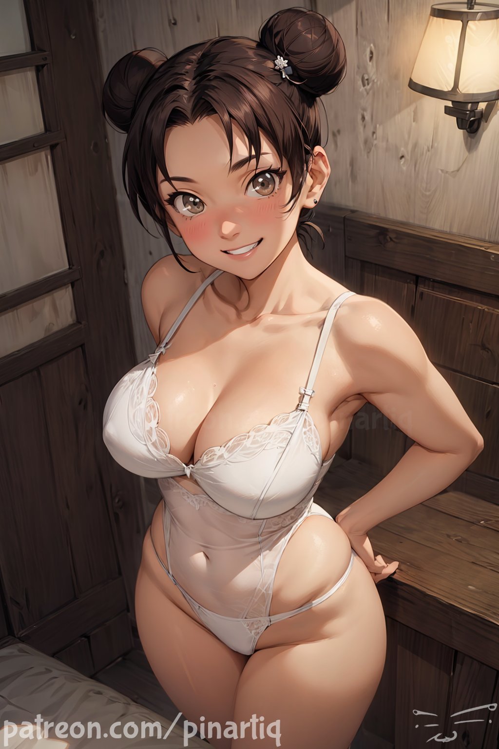 1girls, ai generated, bangs, barely clothed, big breasts, blush, blushing at viewer, bra, breasts, brown eyes, brown hair, child bearing hips, cowboy shot, curvaceous, double bun, female, female only, front view, g-string, grin, hair bun, hand on hip, highres, hourglass figure, indoors, legs together, light skin, light-skinned female, lingerie, nai diffusion, naruto, naruto (classic), naruto (series), naruto shippuden, panties, patreon username, pinartiq, pinup, presenting, presenting self, seducing, seductive, seductive eyes, seductive look, seductive pose, seductive smile, shiny, shiny skin, smile, smiling, smiling at viewer, solo, solo focus, stable diffusion, tenten, twin buns, underwear, underwear only, url, voluptuous, watermark, web address