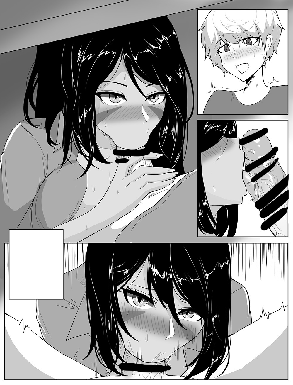 1boy 1boy1girl 1girls 2d 2d_(artwork) :>= black_and_white black_hair blowjob blowjob_face breasts_bigger_than_head censor_bar censored_penis deep_blowjob deepthroat drogod_(artist) eye_contact female hella_p hellap huge_breasts league_of_legends licking licking_penis male monochrome nidalee oral pov riot_games seductive_eyes seductive_mouth tribal_markings tribal_tattoo tribal_tattoos under_the_table