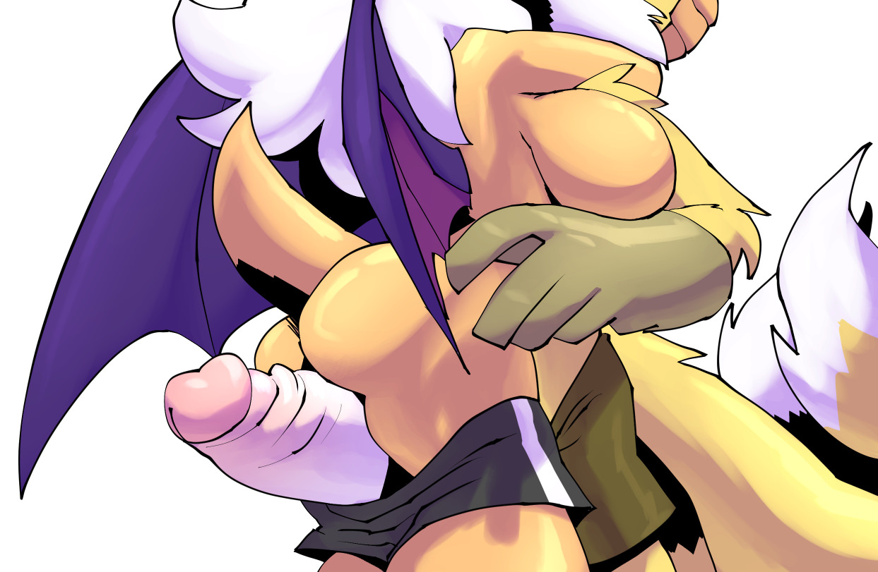 anthro, bat, big breasts, big penis, bigdad, breasts, canine, clothed, clothing, duo, female, foreskin, fox, gloves, hug, huge cock, humanoid genitalia, humanoid penis, male, mammal, pants down, partially clothed, penis, retracted foreskin, rouge the bat, sega, sex, sonic (series), sonic the hedgehog (series), standing, straight, tails, tails the fox, thigh sex, uncircumcised, uncut