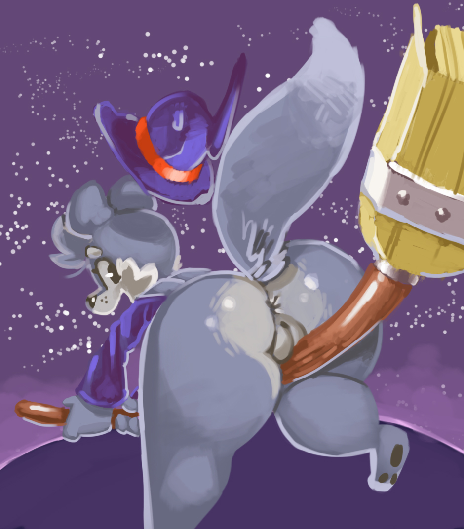 anthro anus ass asswolf big_ass broom canine female freckles fur furry looking_at_viewer magic_user mammal oriole_(artist) pussy wide_hips witch