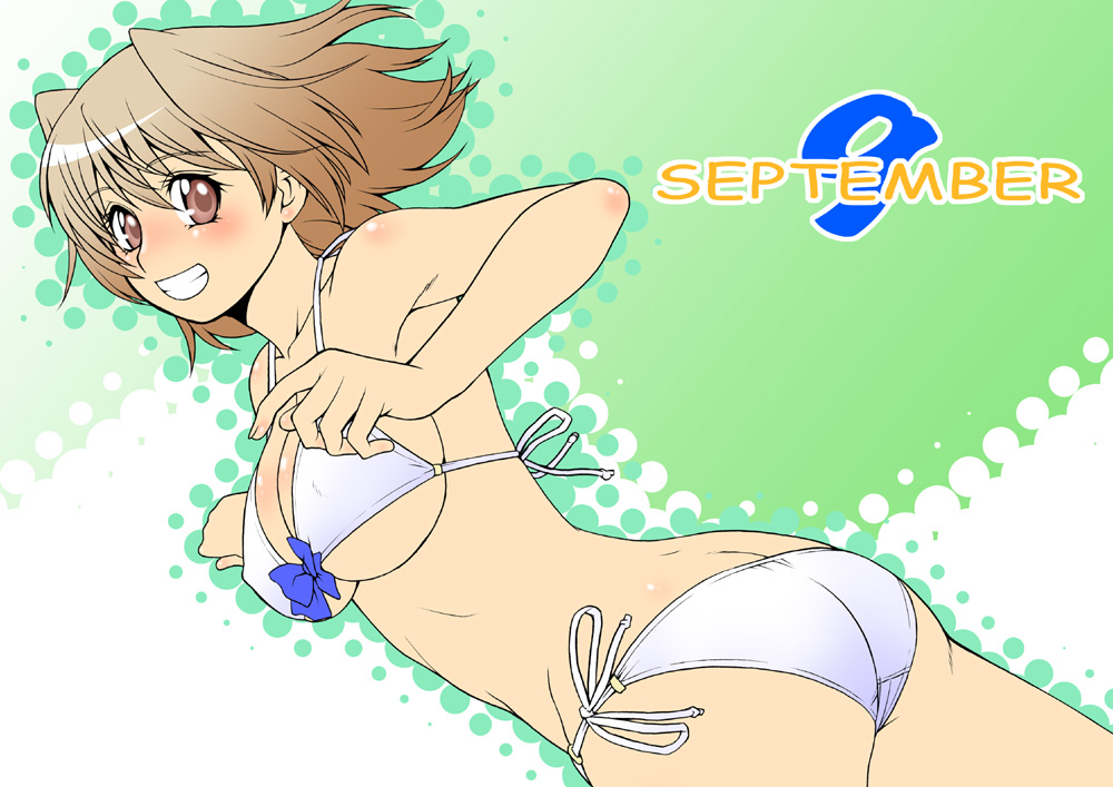 bikini breasts brown_hair kouda_tomohiro mizugi original pink_eyes short_hair side-tie_bikini swimsuit