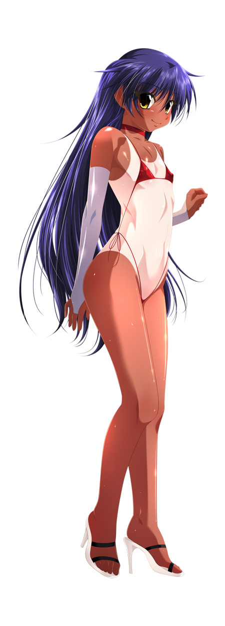 akai_migiwa bikini dark_skin elbow_gloves flat_chest gloves high_heels high_res highres kobayakawa_sara legs long_hair magical_arms_angel_nana micro_bikini mizugi pettanko purple_hair shoes swimsuit tan tanline tanlines tanned yellow_eyes