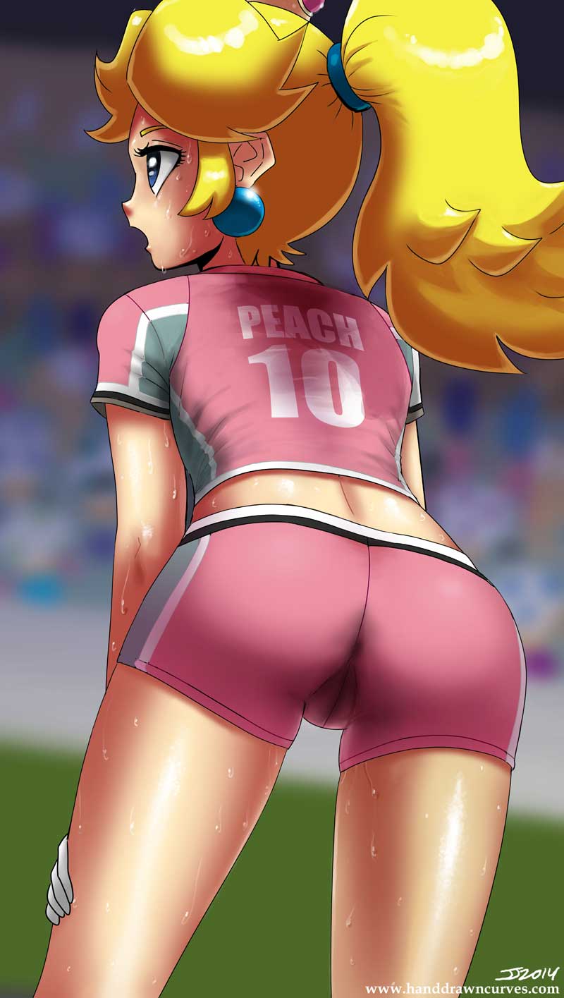 1girls arched_back ass blonde_hair blue_eyes cameltoe clothed crown earrings female female_only football football_player football_uniform from_behind fully_clothed gloves human john_joseco looking_back mario_(series) mario_strikers nintendo open_mouth outdoors pink_shorts ponytail princess_peach pubic short_shorts shorts soccer soccer_uniform solo sweat sweatdrop tied_hair tight_shorts uniform white_gloves