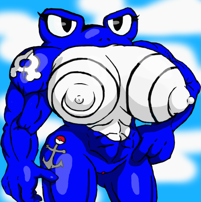 2014 amphibian anthro anthrofied artist_request biceps big_breasts breasts female frog huge_breasts muscles muscular muscular_female nintendo nipples nude pokemon poliwrath solo standing tattoo team_aqua unknown_artist video_games