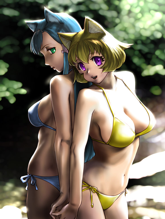 animal_ears back-to-back back_to_back bikini blonde_hair blue_hair green_eyes kemonomimi long_hair mizugi multiple_girls original purple_eyes short_hair side-tie_bikini swimsuit ueyama_michirou