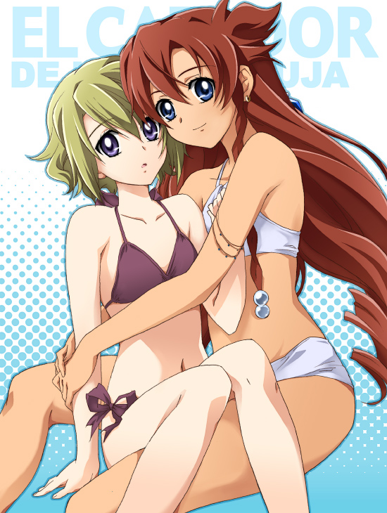 2girls bikini breasts brown_hair el_cazador_de_la_bruja ellis_(el_cazador_de_la_bruja) female hair_ornament hug latina long_hair mizugi multiple_girls nadie pointy_chin saipaco side-tie_bikini swimsuit