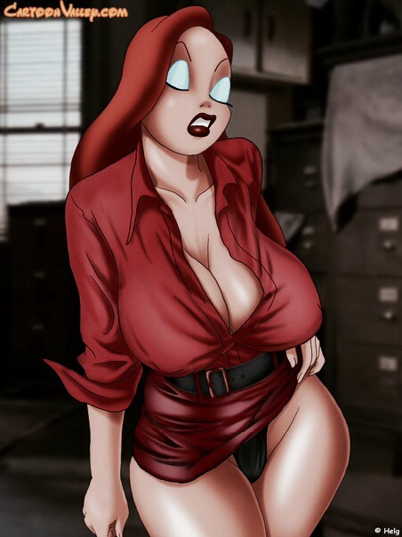 black panties, breasts, cartoonvalley.com, cleavage, closed eyes, disney, female, female only, hand on hip, helg, huge breasts, human, indoors, jessica rabbit, office, office lady, panties, pantyshot, pose, skirt lift, solo, who framed roger rabbit