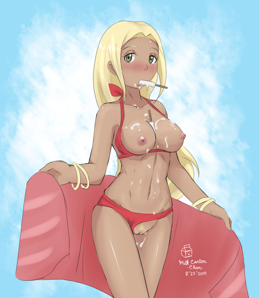 2014 between_breasts bikini bikini_aside blonde_hair blush bracelet bracelets breasts breasts_out dark-skinned_female dark_skin food food_between_breasts green_eyes ice_cream long_blonde_hair long_hair looking_at_viewer milkcarton-chan nintendo not_cum npc_trainer pokemon pokemon_xy popsicle pubic_hair pussy red_bikini sexually_suggestive standing swimmer_(pokemon) swimmer_(pokemon_xy) swimsuit towel