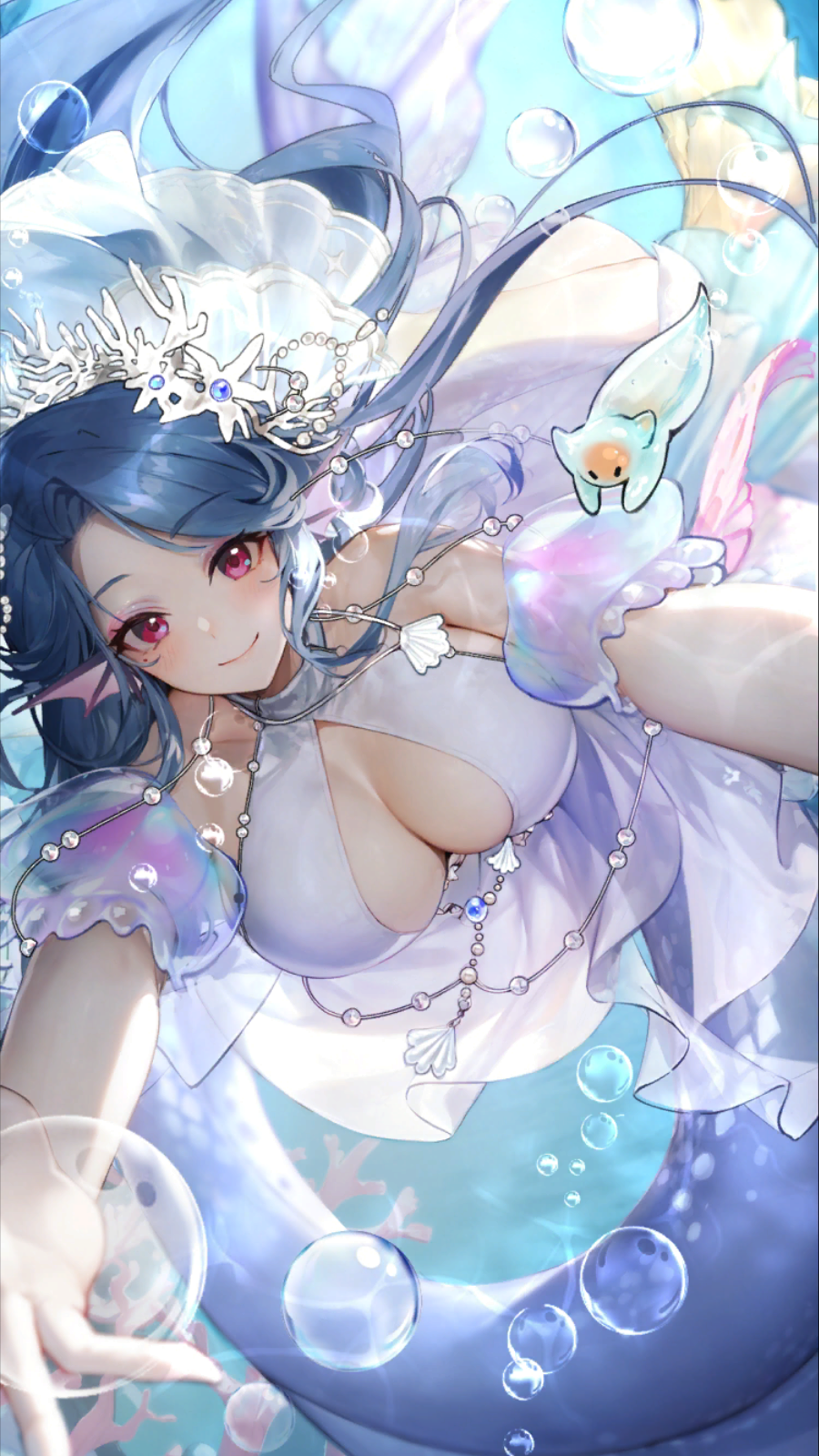 1girls blush bridal_dress bride bubbles coral eyeshadow game_cg head_fin head_fins isekai_slow_life looking_at_viewer magenta_eyes mermaid mermaid_girl mermaid_tail mole pearls reaching_out selena_(isekai_slow_life) shells underwater wedding_dress white_dress