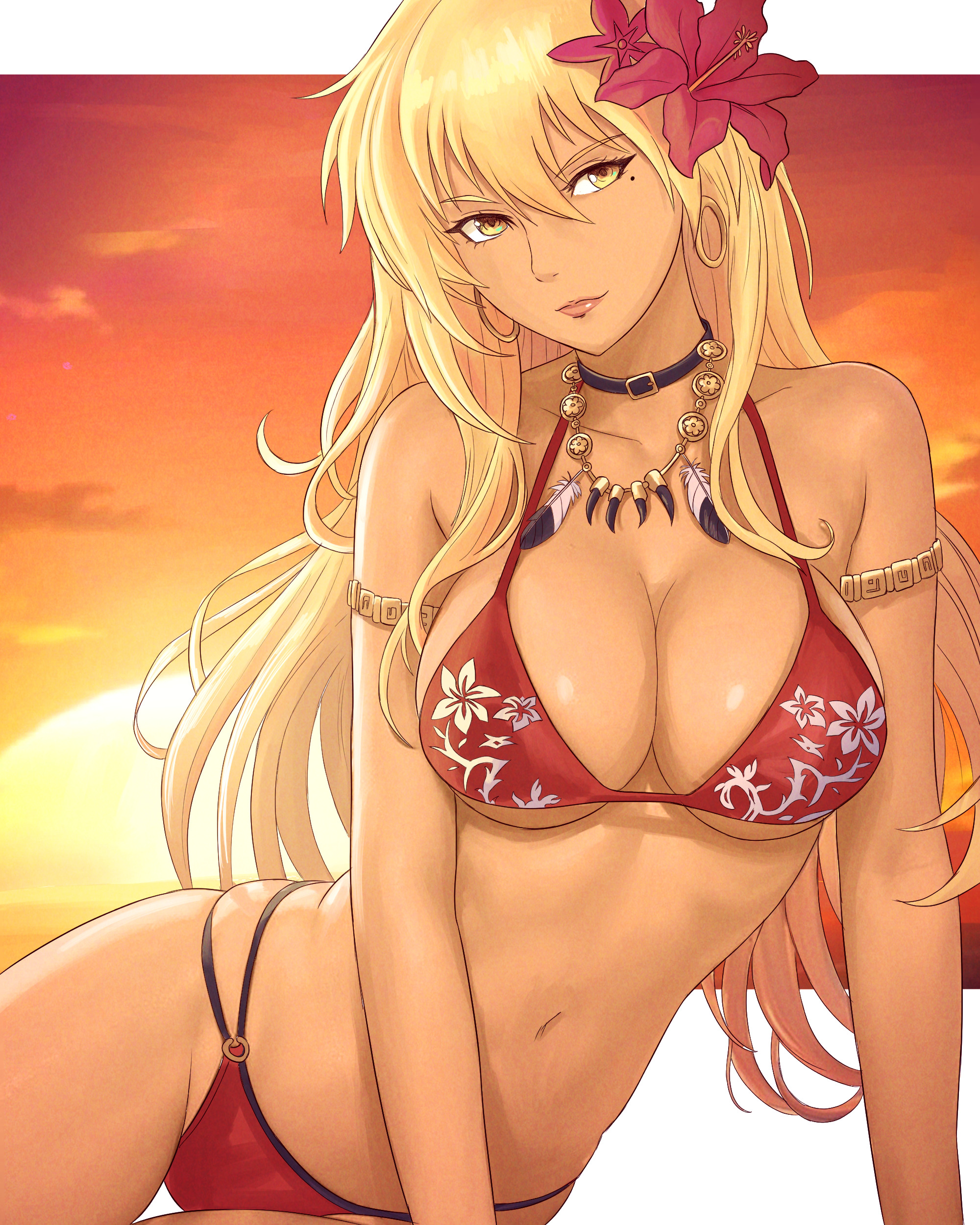 1girls, absurdres, alternate costume, bikini, blonde hair, breasts, cleavage, commentary, dark skin, dark-skinned female, earrings, english commentary, feathers, female, female only, fire emblem, fire emblem: the binding blade, flower, gold necklace, hair flower, hair ornament, highres, hoop earrings, igrene (fire emblem), jewelry, large breasts, long hair, looking at viewer, mole, mole under eye, necklace, nintendo, red bikini, red swimsuit, solo, sunset, swimsuit, truejekart, yellow eyes