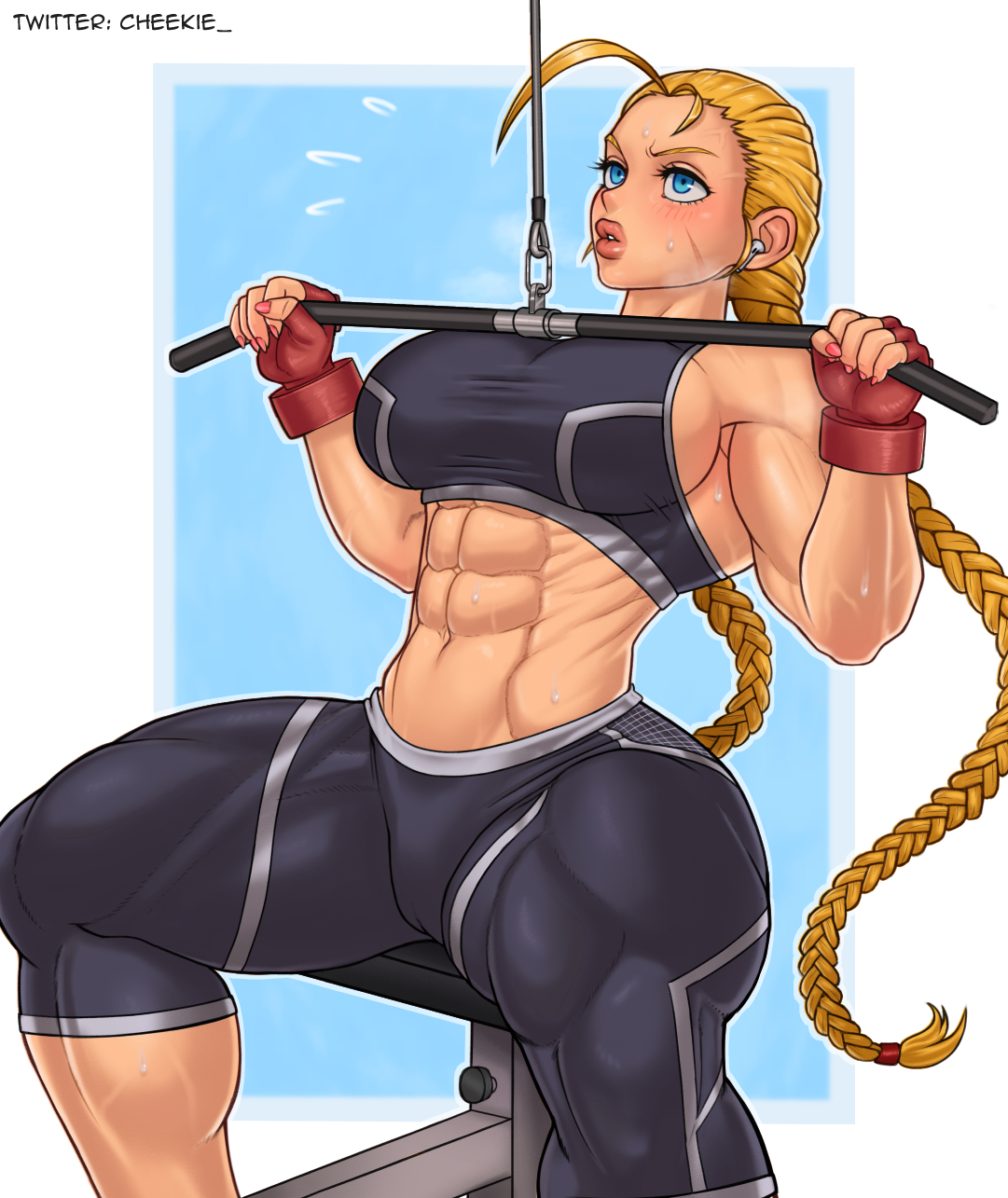 1girls, 2023, 2d, abs, airpods, armpit, blonde, blonde female, blonde hair, blue eyes, braided hair, braided twintails, breasts, cameltoe, cammy white, cheekie0, clothed, facial scar, female, female focus, female only, fingerless gloves, gloves, gym, gym clothes, large breasts, light skin, light-skinned female, muscular, muscular arms, muscular female, muscular thighs, navel, painted nails, pants, pink nails, pussy, scar, sideboob, solo, solo female, sports bra, street fighter, sweat, sweatdrop, sweating, sweaty, sweaty body, thighs, twin braids, twintails, workout, workout clothes