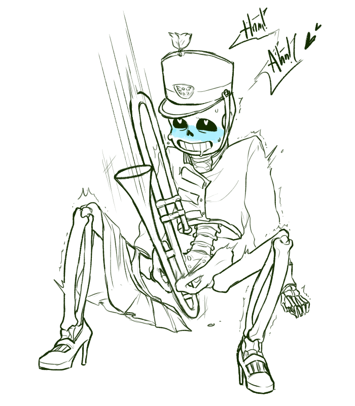 animated_skeleton blue_blush blush clothed drooling eli-sin-g hat heart-shaped_pupils heart_eyes high_heels kolesjoie moaning monochrome monster musical_instrument object_insertion sans sans_(undertale) sitting skeleton skirt_around_one_leg solo text trombone undead undertale undertale_(series) uniform