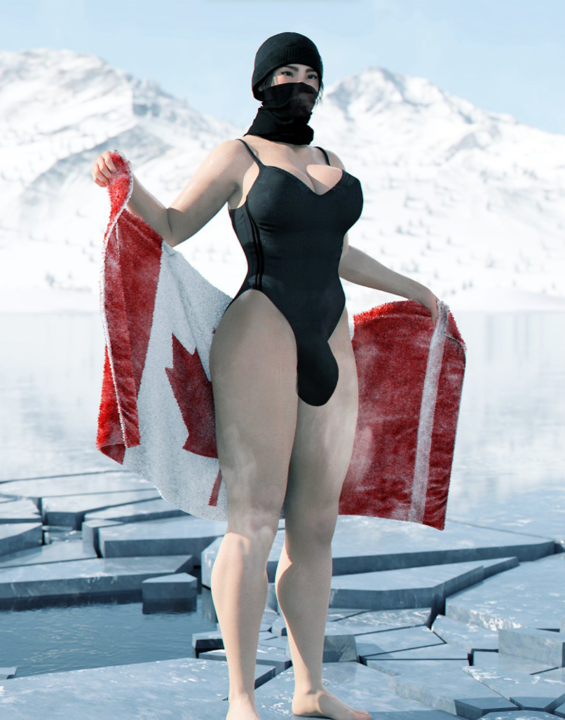 1futa 3d 3rd_party_edit big_bulge bulge canadian_flag cold face_mask frost_(rainbow_six) futa_only futanari ice mountains one-piece_swimsuit rainbow_six_siege snow solo swimsuit towel winter winter_hat