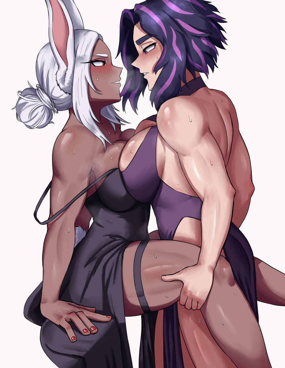 2girls animal_ears athletic_female blush boku_no_hero_academia breast_press breasts dark-skinned_female dark_skin eye_contact female female_only highres interracial_yuri kaina_tsutsumi kemonomimi lady_nagant large_breasts light-skinned_female looking_at_another miruko multicolored_hair multiple_girls muscular_female my_hero_academia parted_lips pink_hair purple_eyes purple_hair rabbit_ears rabbit_girl rabbit_tail rumi_usagiyama shadertoons simple_background strap_slip tail thick_thighs tsutsumi_kaina usagiyama_rumi white_background white_hair yuri