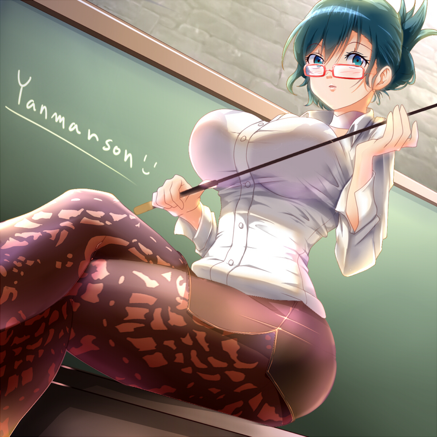 1girls, alternate hairstyle, blue eyes, bra visible through clothes, breasts, byleth (fire emblem), byleth (fire emblem) (female), crossed legs, female, female only, fire emblem, fire emblem: three houses, from below, glasses, lace, large breasts, leggings, legwear, looking at viewer, looking down, nintendo, on table, pantyhose, pointer, shirt, short hair, skirt, solo, table, teacher, teal hair, yanmarson