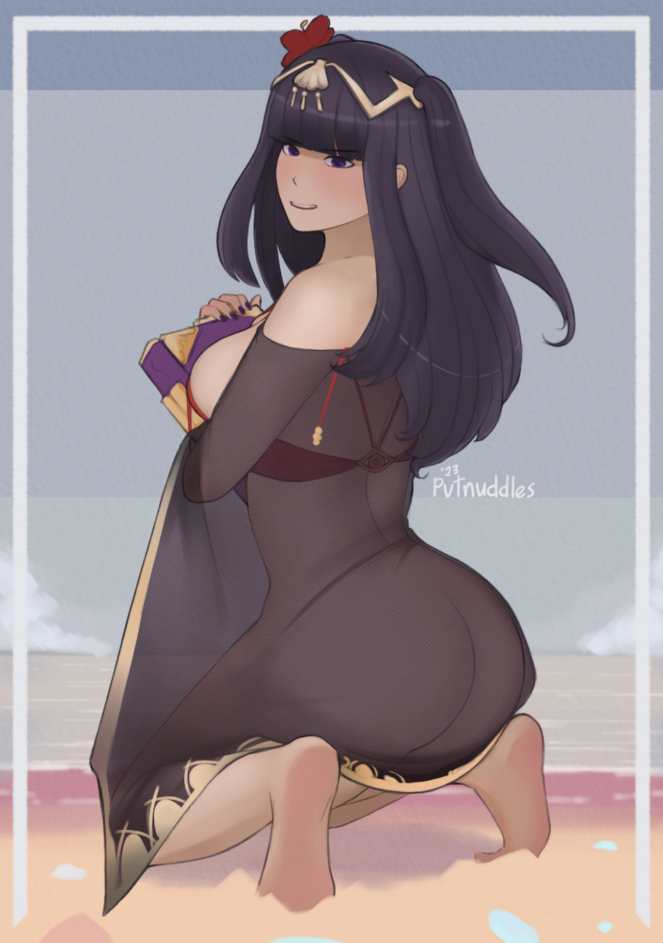 1girls alternate_costume ass bangs beach big_ass bikini bikini_top black_hair blush book bottomless cape female female_only fire_emblem fire_emblem_awakening fire_emblem_heroes long_hair nintendo ocean official_alternate_costume outdoors purple_eyes pvtnuddles red_bikini red_swimsuit sand solo swimsuit tharja_(fire_emblem) water