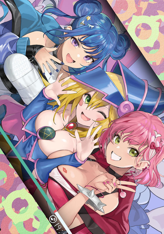 3girls black_magician_girl blue_nails dark_magician_girl duel_monster evil_twin_ki-sikil evil_twin_lil-la female ki-sikil_(yu-gi-oh!) kiss_mark large_breasts lil-la_(yu-gi-oh!) nail_polish pink_nails pose posing twins yappen yu-gi-oh! yu-gi-oh!_duel_monsters