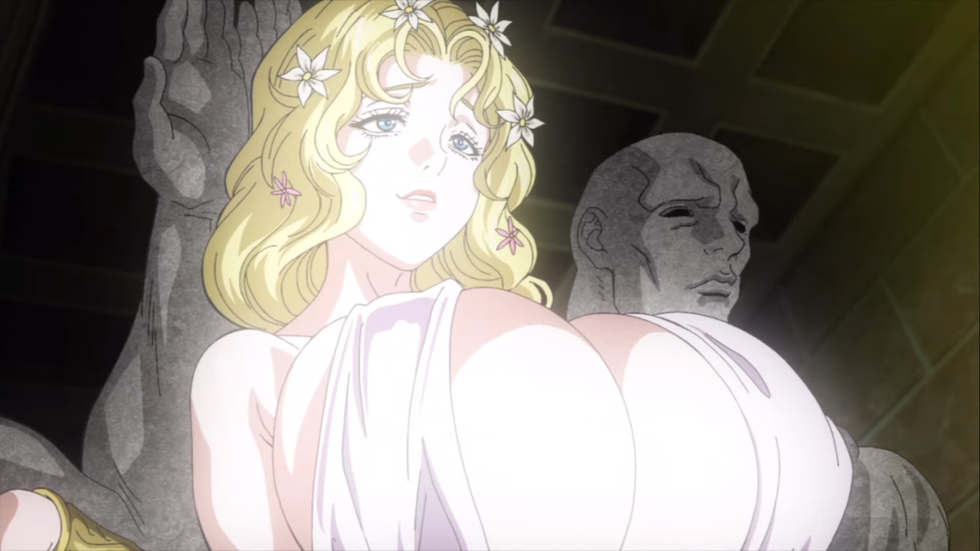 1girls, aphrodite (shuumatsu no valkyrie), blonde hair, blue eyes, breast grab, breast hold, breast lift, breasts, female, huge breasts, large breasts, screencap, shuumatsu no valkyrie