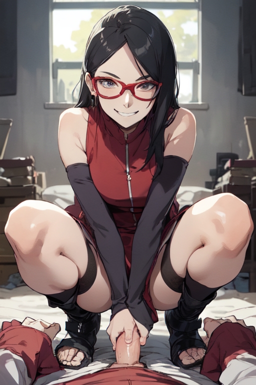 ai generated, aigeneratedp, alternate hair length, bedroom, black hair, boruto: naruto next generations, clothing, dress, female, footwear, glasses, grinning, holding penis, horny, horny female, looking at viewer, male, male pov, naruto, naruto (series), penis, pov eye contact, sarada uchiha, shoes, smirk, smirking at viewer, squatting, toeless footwear, uchiha sarada, wake up sex