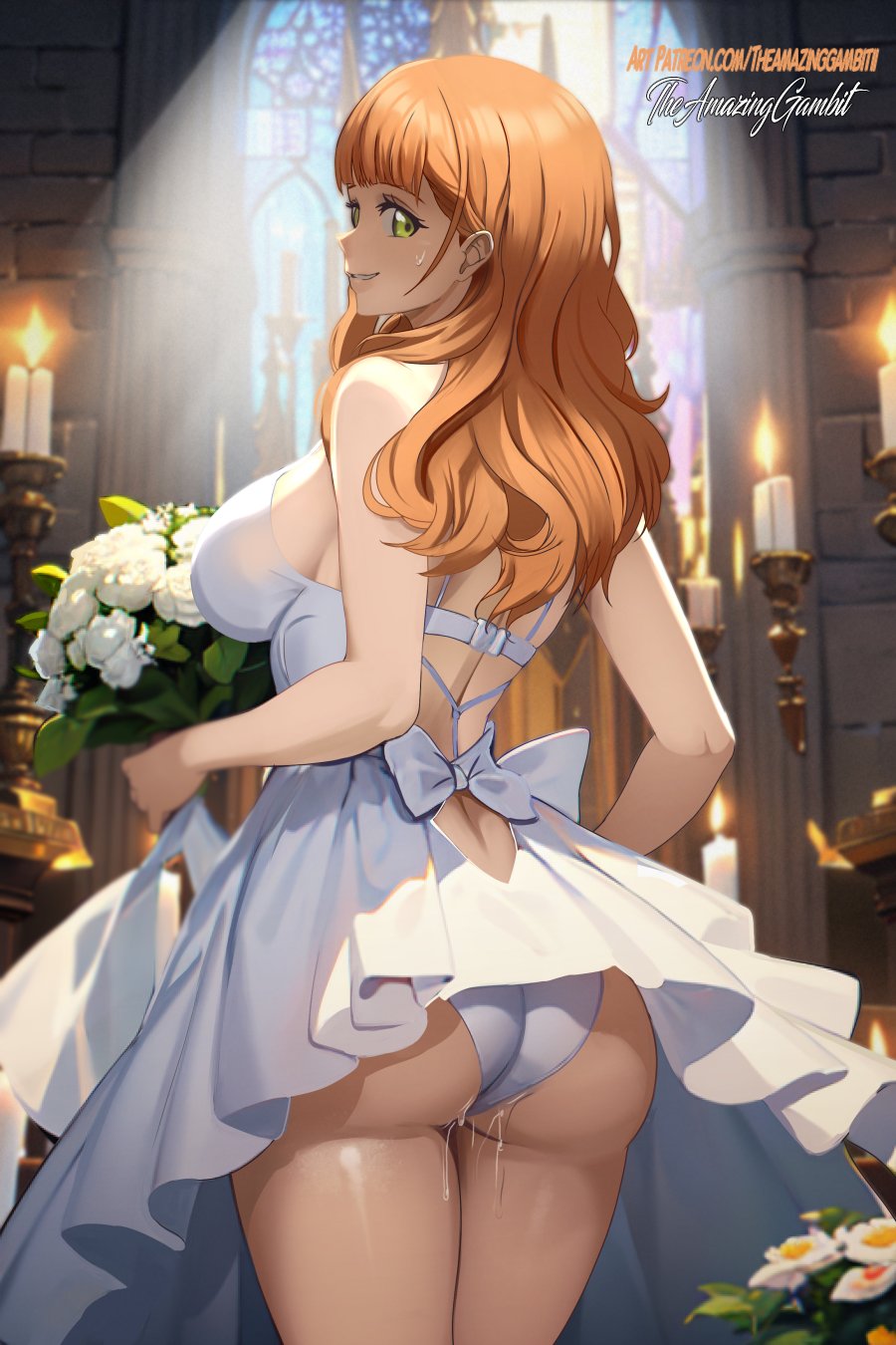 ai_generated ai_hands big_ass big_butt bimbo black_clover bridal_lingerie bridal_veil bride bride_veil bubble_ass bubble_butt dress green_eyes lifting_skirt looking_at_viewer mimosa_vermillion orange_hair the_amazing_gambit wedding_dress white_panties