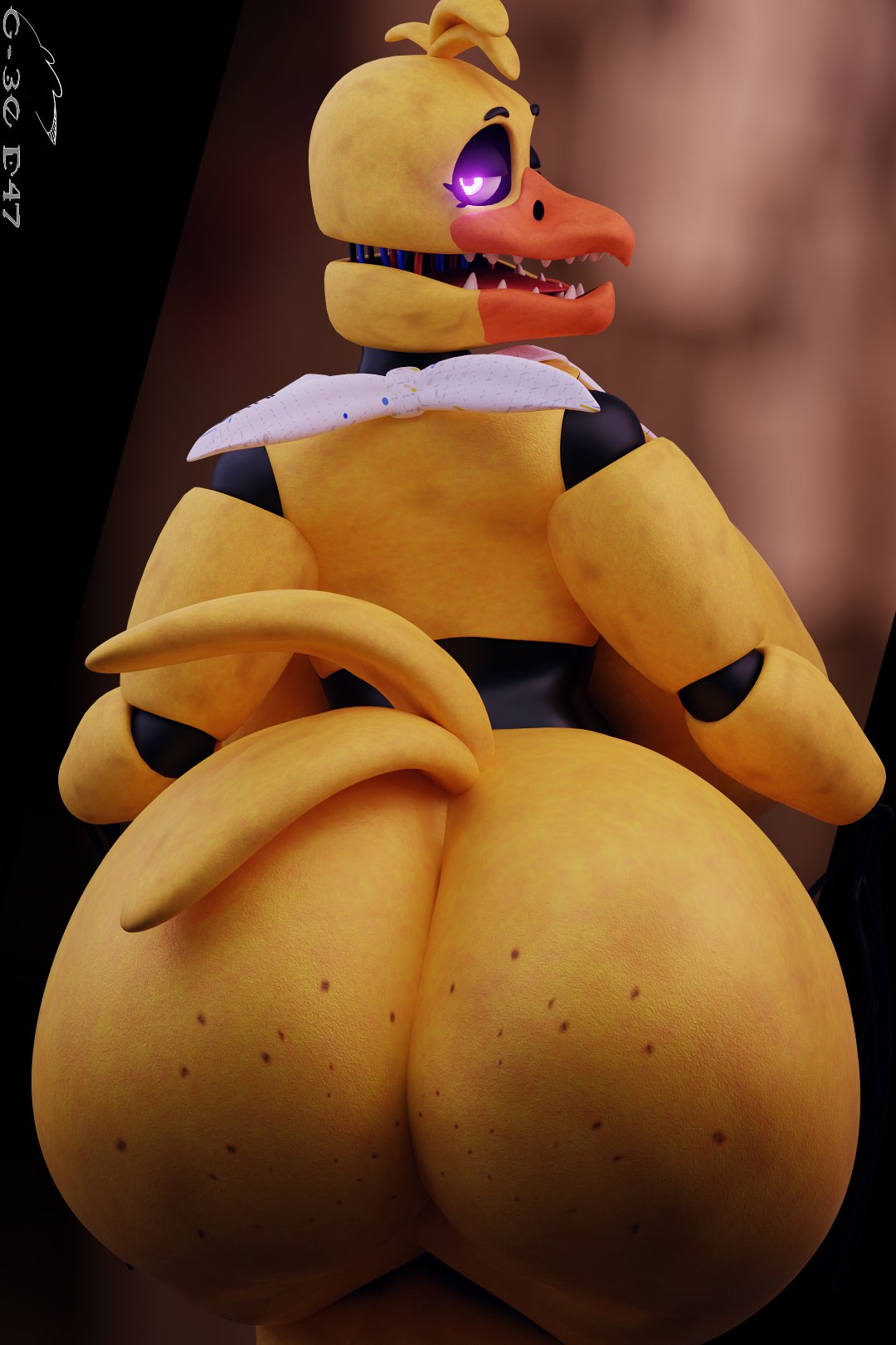 1girls, 2023, 3d, 3d (artwork), animatronic, art trade, artist signature, ass, ass focus, avian, avian humanoid, back view, beak, big ass, big breasts, breasts, fat ass, female, female focus, five nights at freddy's, five nights at freddy's 2, geodat64, gigantic ass, glowing eyes, huge ass, huge breasts, large ass, large breasts, looking at viewer, looking back, purple eyes, rear view, robot, robot girl, robot joints, sharp teeth, solo, solo focus, thick thighs, voluptuous, wide hips, withered chica, withered chica (spacebaron), yellow body